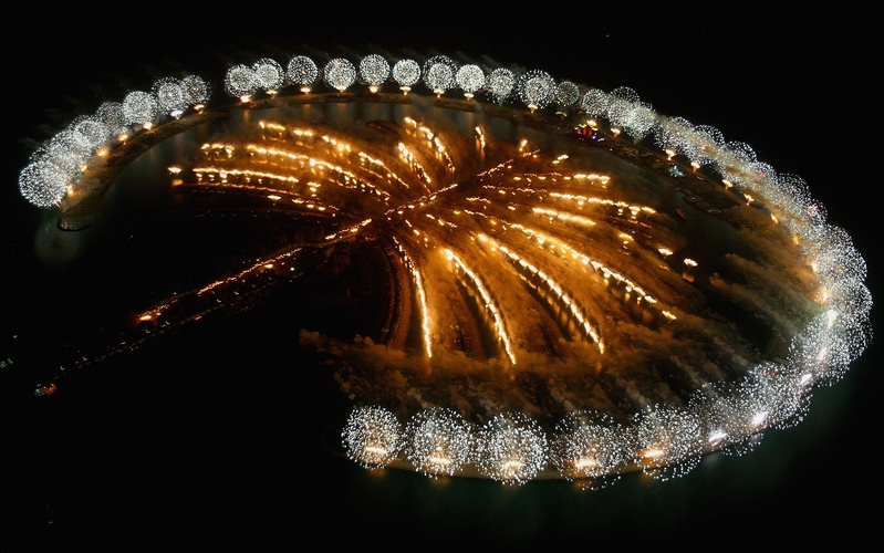 Palm Jumeirah lit by fireworks at Atlantis Grand Opening, pic from the Nakheel