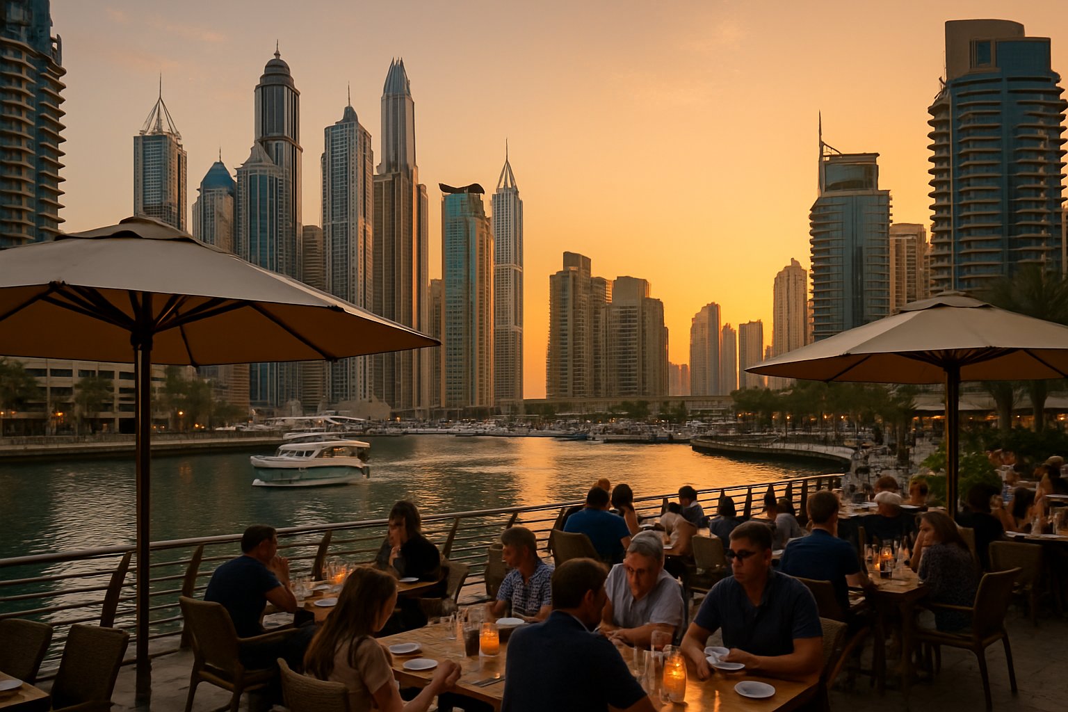 Dubai Marina waterfront dining sunset